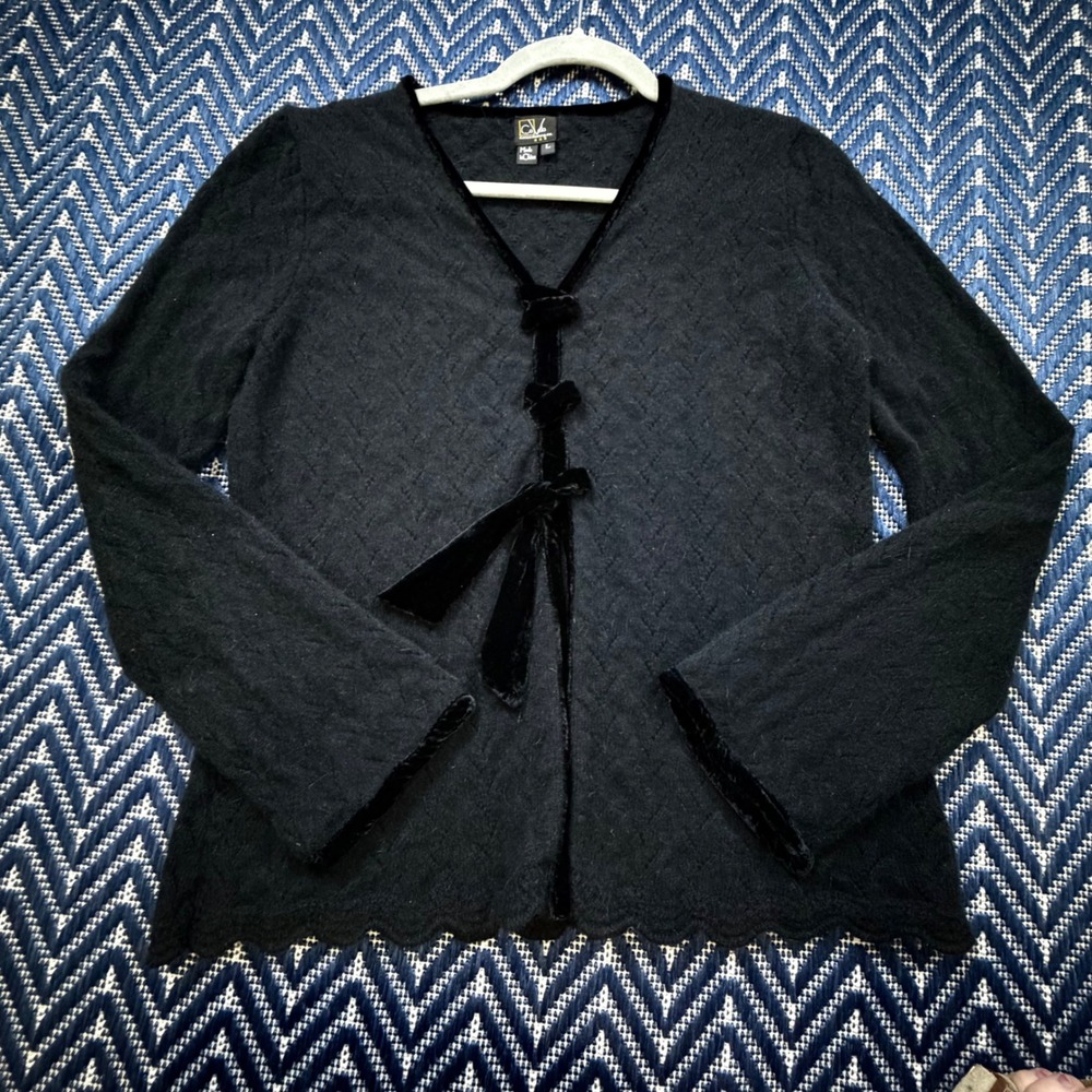CoVelo Cardigan Womens Large Black Angora Wool Velvet Bow Tie Pointelle Sweater